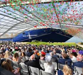 Neptunus structures assembled at Port of Dover Cruise Terminal during the launch of the SAGA ship, Spirit of Discovery. The launch was held on Friday 5th July 2019 by HRH Duchess of Cornwall.