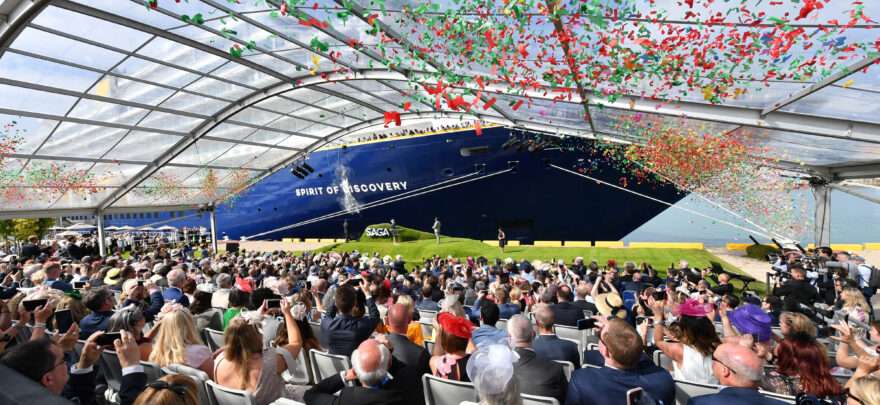 Neptunus structures assembled at Port of Dover Cruise Terminal during the launch of the SAGA ship, Spirit of Discovery. The launch was held on Friday 5th July 2019 by HRH Duchess of Cornwall.